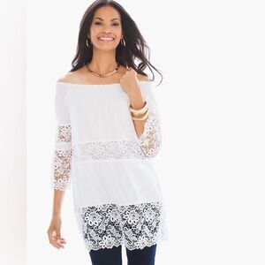 NWT Chico’s White Smock Neck Lace Popover 3/4 Sleeve Tunic Blouse 0 Small 4-6